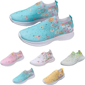 Hrtesus Women's Flower Rhinestone Sock Comfortable Slip On Sports Sneakers, Slip On Knitted Sock Sneakers with Arch Support Walking Shoes