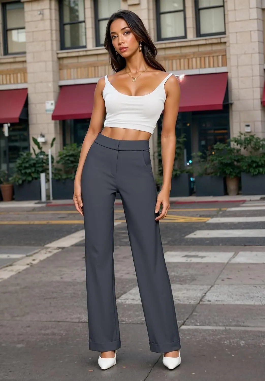 Hybrid & Company Women's High Waisted Straight Leg Suit Pants Business Work Casual Slacks Trousers