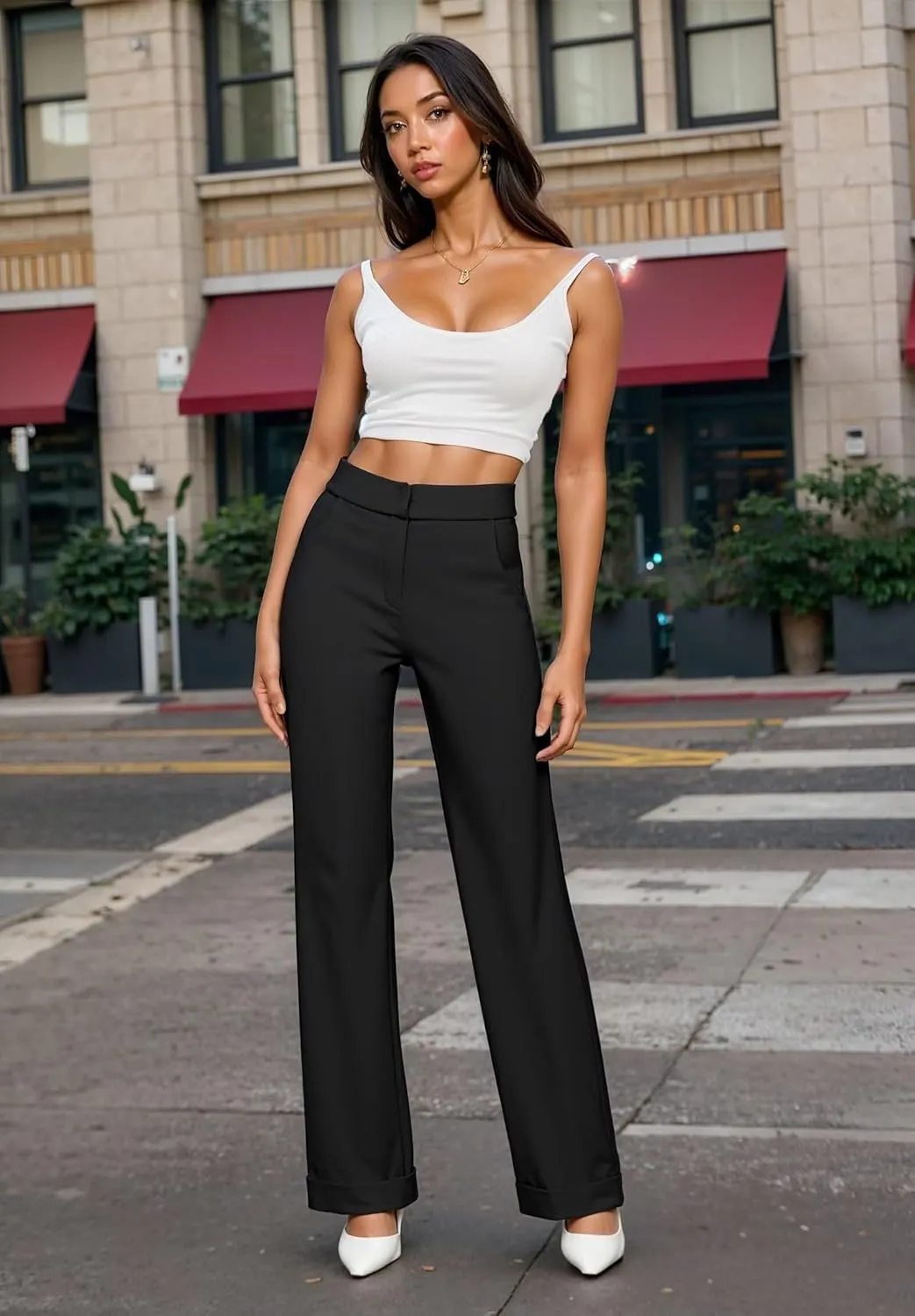Hybrid & Company Women's High Waisted Straight Leg Suit Pants Business Work Casual Slacks Trousers