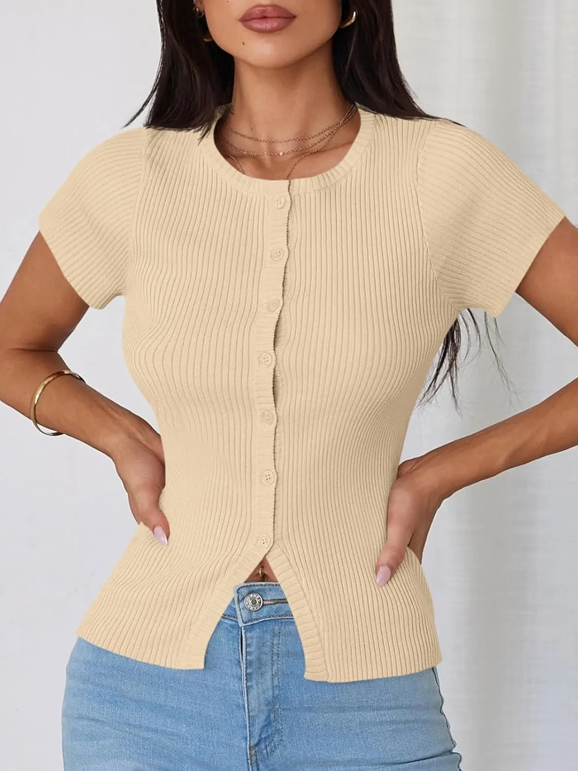 Imily Bela Womens Short Sleeve Sweater Tops Summer Button Down Casual Ribbed Knit Slim Fit Cropped Cardigan Shirts