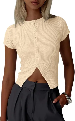 Imily Bela Womens Short Sleeve Sweater Tops Summer Button Down Casual Ribbed Knit Slim Fit Cropped Cardigan Shirts