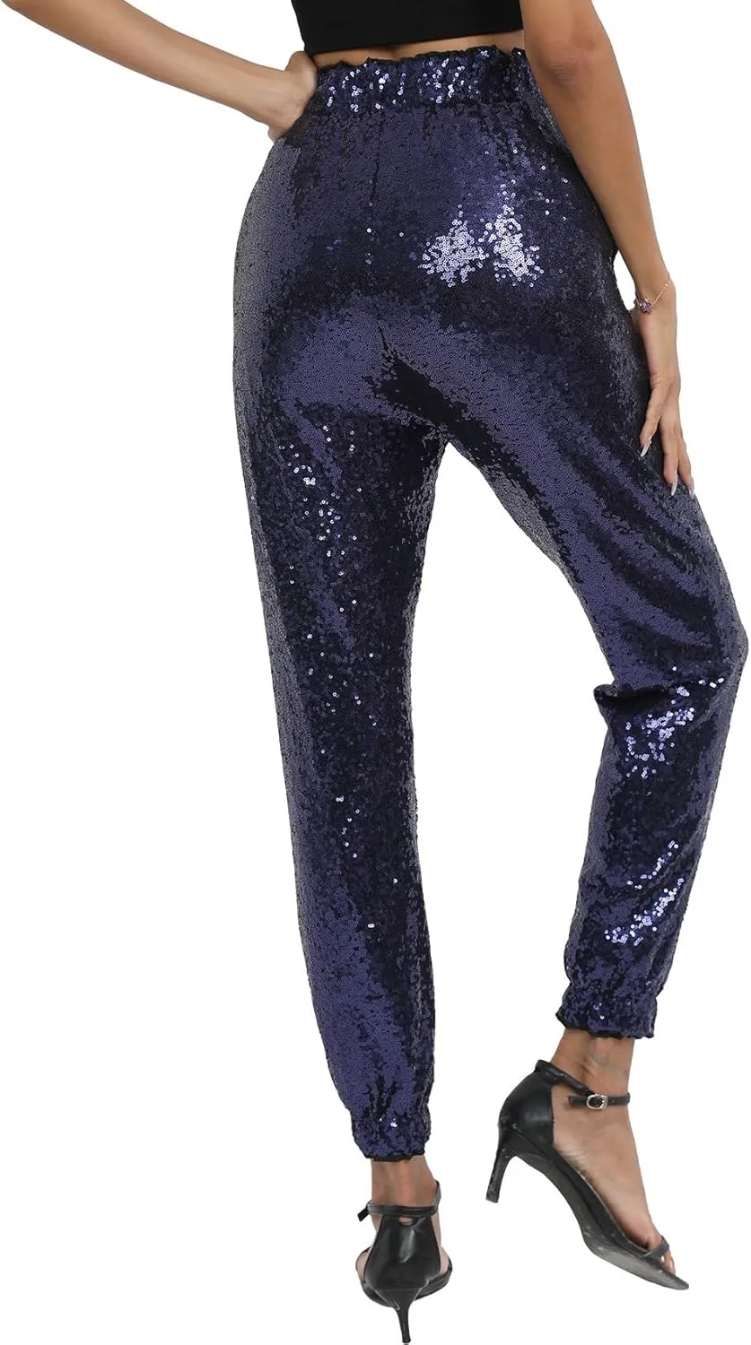 J&DHUASHA Womens Casual Sparkly Sequin Pants High Waist Glitter Joggers Pants Bling Party Skinny Pants