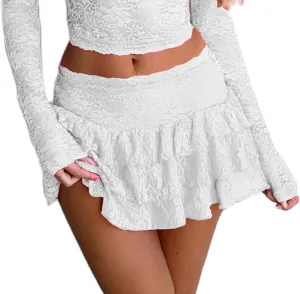 Juakoso Women Y2k Ruffle Mini Skirt Floral Lace Asymmetrical Hem Pleated Skirt Fairycore Sheer Mesh A Line Short Skirts