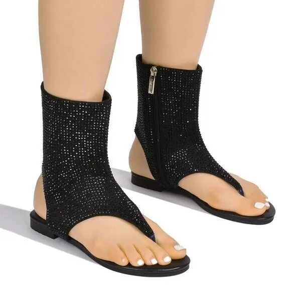Just Doit Rhinestones Flat Bootie Thong Sandals Black