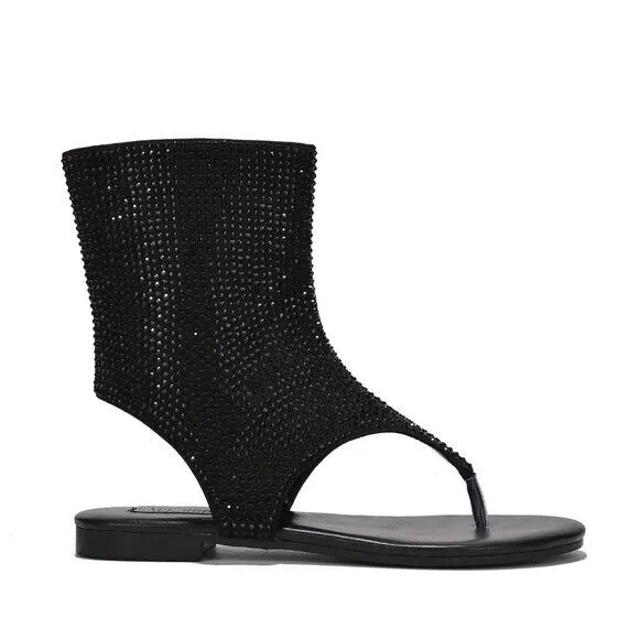 Just Doit Rhinestones Flat Bootie Thong Sandals Black