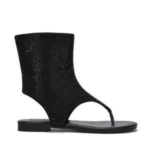 Just Doit Rhinestones Flat Bootie Thong Sandals Black