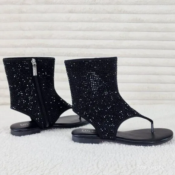 Just Doit Rhinestones Flat Bootie Thong Sandals Black