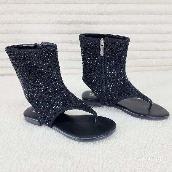 Just Doit Rhinestones Flat Bootie Thong Sandals Black