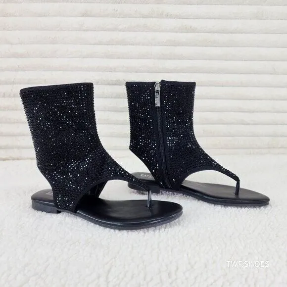 Just Doit Rhinestones Flat Bootie Thong Sandals Black