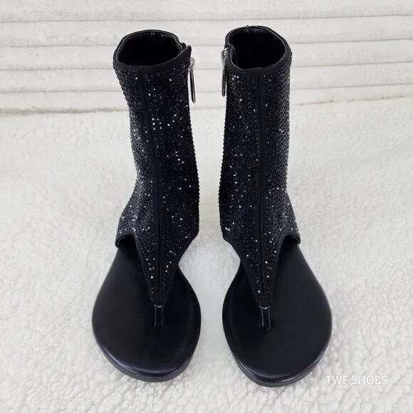 Just Doit Rhinestones Flat Bootie Thong Sandals Black