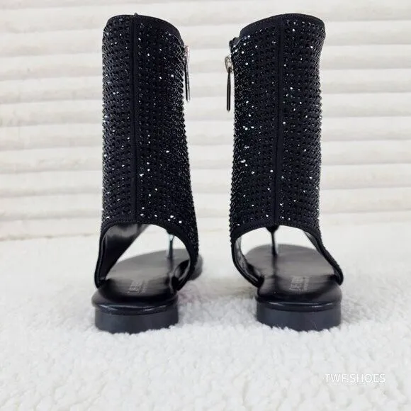 Just Doit Rhinestones Flat Bootie Thong Sandals Black
