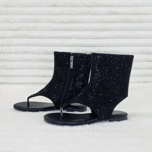 Just Doit Rhinestones Flat Bootie Thong Sandals Black