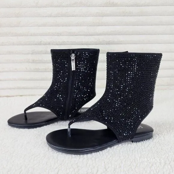 Just Doit Rhinestones Flat Bootie Thong Sandals Black