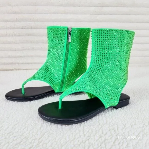 Just Doit Rhinestones Flat Bootie Thong Sandals Green