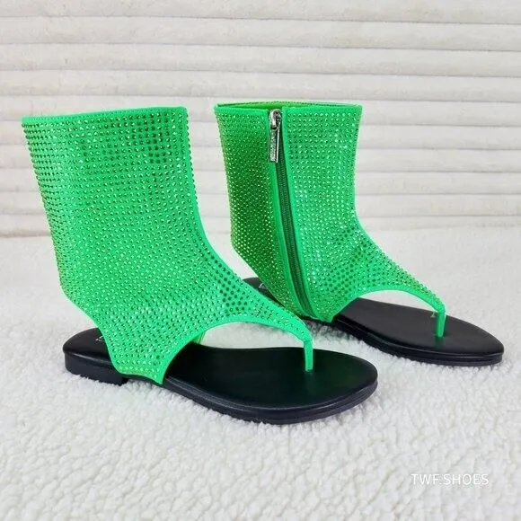 Just Doit Rhinestones Flat Bootie Thong Sandals Green