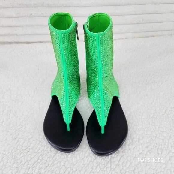 Just Doit Rhinestones Flat Bootie Thong Sandals Green