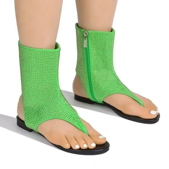 Just Doit Rhinestones Flat Bootie Thong Sandals Green