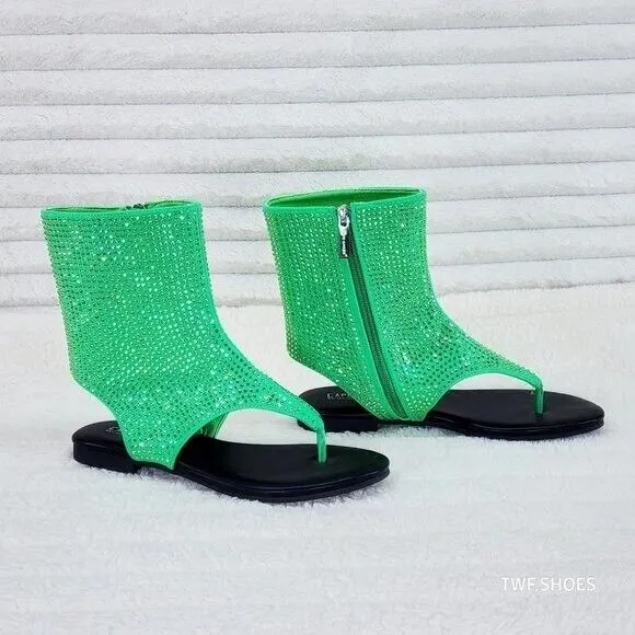 Just Doit Rhinestones Flat Bootie Thong Sandals Green