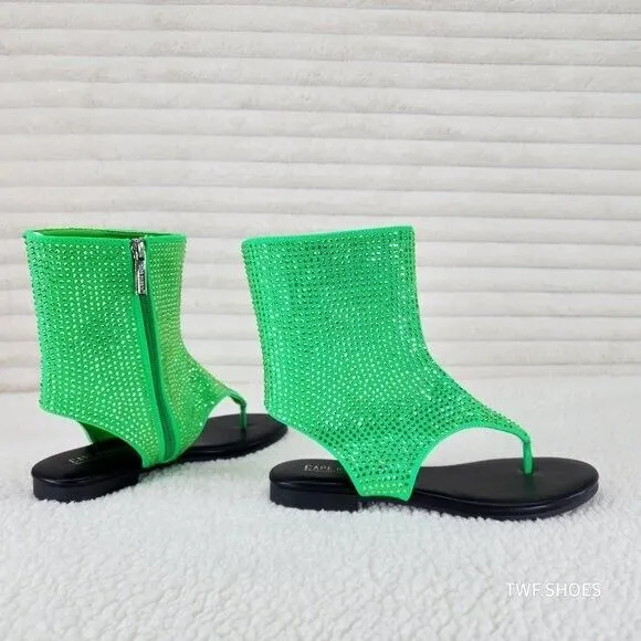 Just Doit Rhinestones Flat Bootie Thong Sandals Green