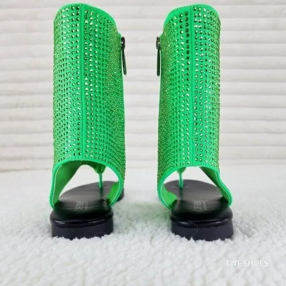 Just Doit Rhinestones Flat Bootie Thong Sandals Green