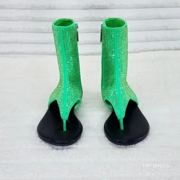 Just Doit Rhinestones Flat Bootie Thong Sandals Green