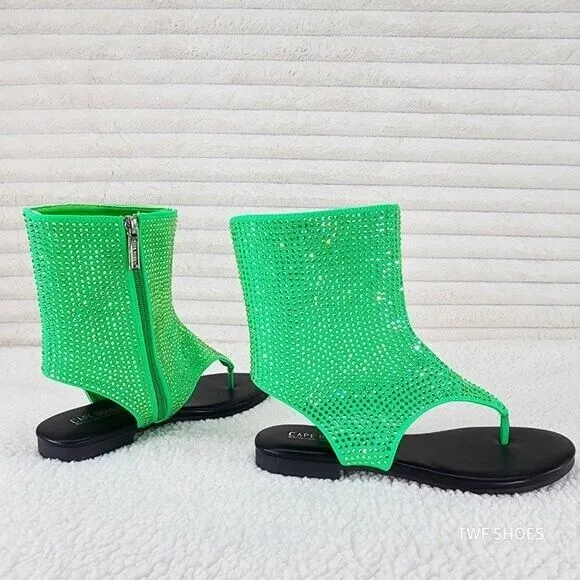 Just Doit Rhinestones Flat Bootie Thong Sandals Green