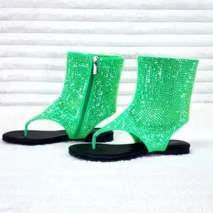 Just Doit Rhinestones Flat Bootie Thong Sandals Green