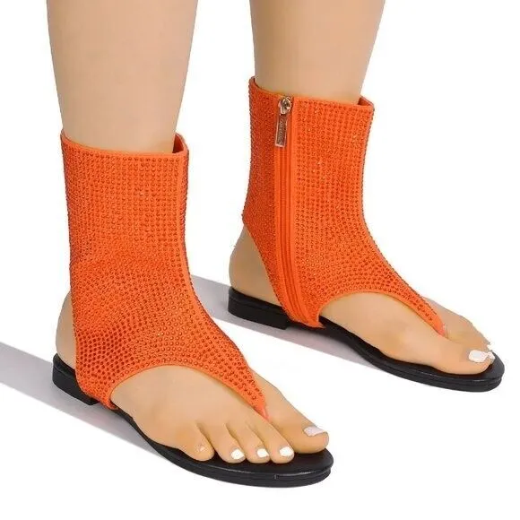 Just Doit Rhinestones Flat Bootie Thong Sandals Orange