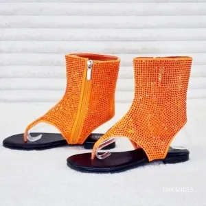 Just Doit Rhinestones Flat Bootie Thong Sandals Orange