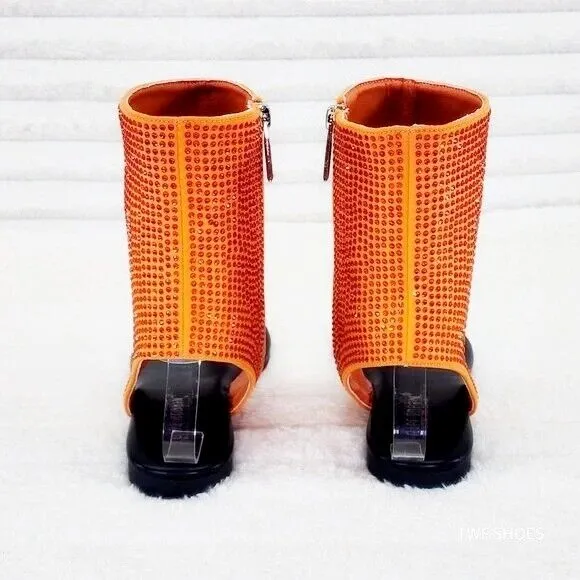 Just Doit Rhinestones Flat Bootie Thong Sandals Orange