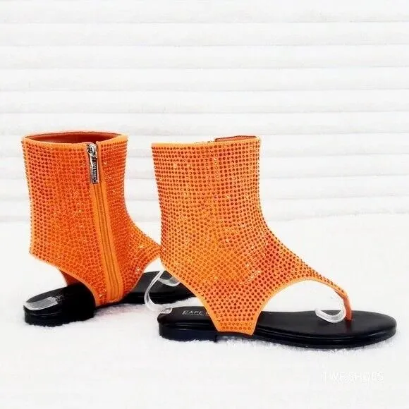 Just Doit Rhinestones Flat Bootie Thong Sandals Orange