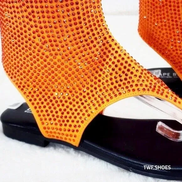 Just Doit Rhinestones Flat Bootie Thong Sandals Orange