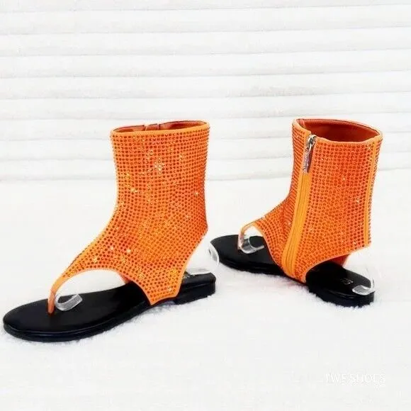 Just Doit Rhinestones Flat Bootie Thong Sandals Orange