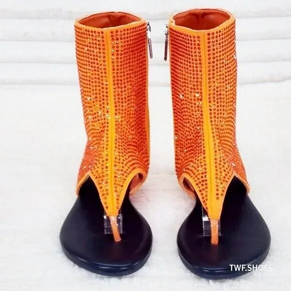 Just Doit Rhinestones Flat Bootie Thong Sandals Orange