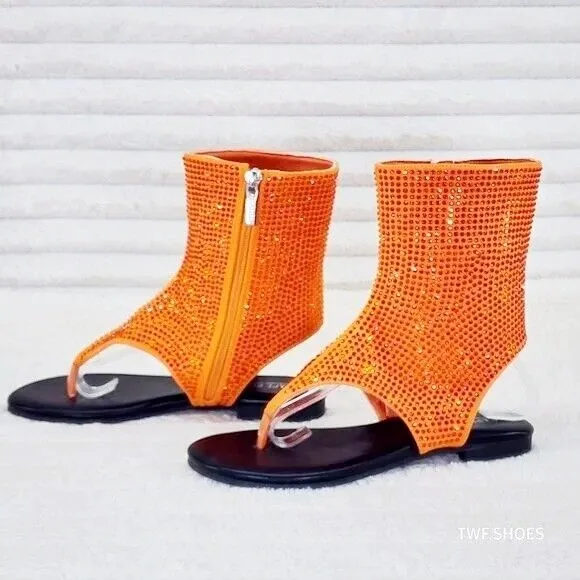 Just Doit Rhinestones Flat Bootie Thong Sandals Orange