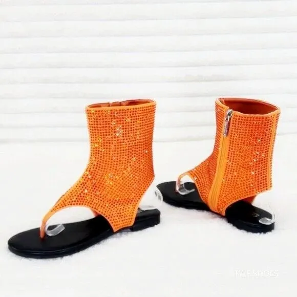Just Doit Rhinestones Flat Bootie Thong Sandals Orange
