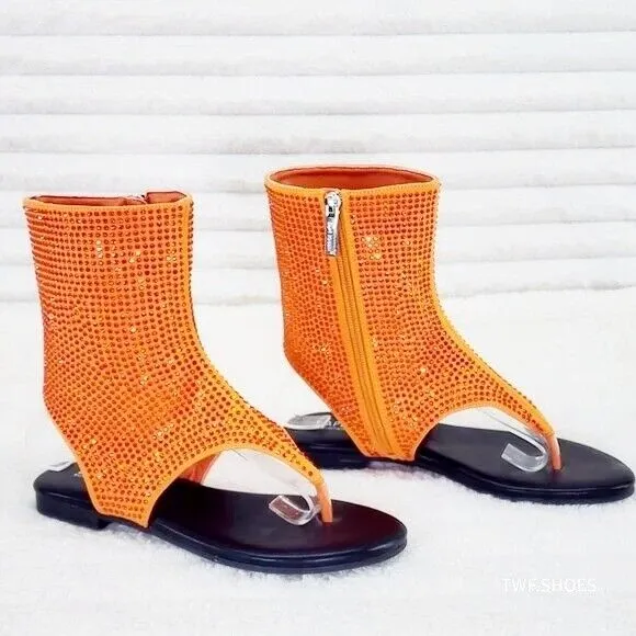 Just Doit Rhinestones Flat Bootie Thong Sandals Orange