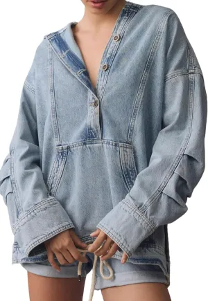 Kedera Women's Button Up Sweatshirt Denim Hoodie Oversized Pullover Jacket Jean Tops Casual Boyfriend Jackets