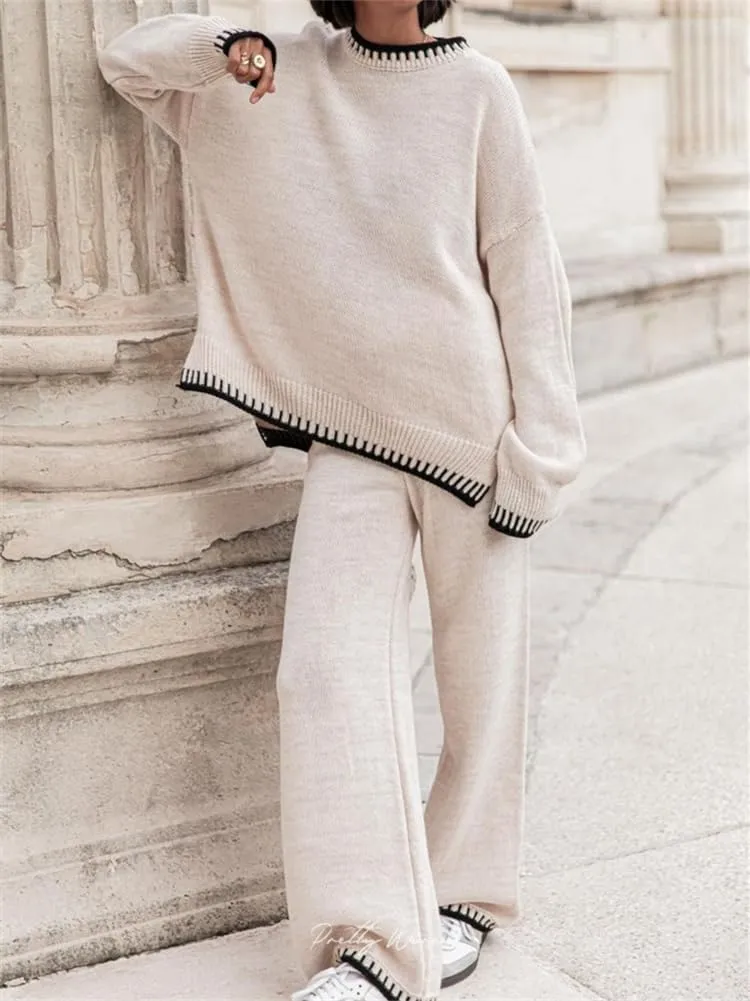 KEOMUD Women's Fall 2 Piece Outfits Sweater Sets Long Sleeve Knit Pullovers & Wide Leg Pants Lounge Sets