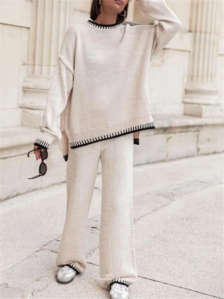 KEOMUD Women's Fall 2 Piece Outfits Sweater Sets Long Sleeve Knit Pullovers & Wide Leg Pants Lounge Sets