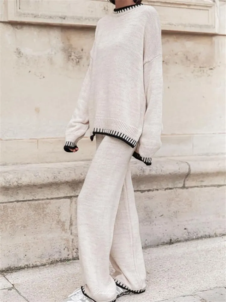 KEOMUD Women's Fall 2 Piece Outfits Sweater Sets Long Sleeve Knit Pullovers & Wide Leg Pants Lounge Sets