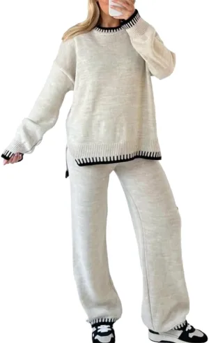 KEOMUD Women's Fall 2 Piece Outfits Sweater Sets Long Sleeve Knit Pullovers & Wide Leg Pants Lounge Sets