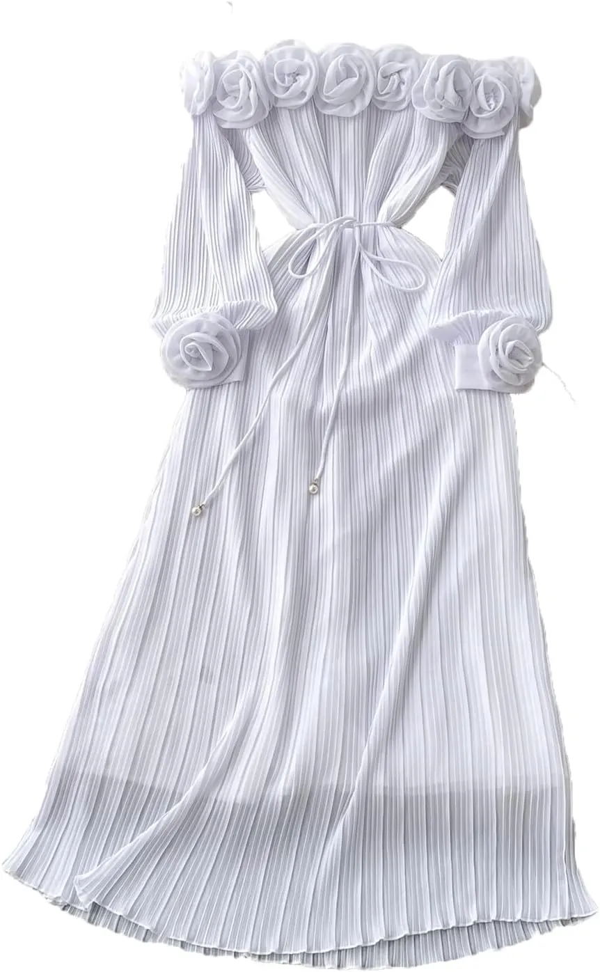 Korean Fashion Women Dresss Vintage Floral Mesh Elegant Slim Long Dress