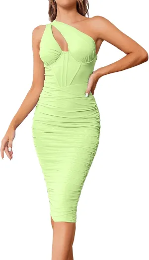 KUTUMAI Women's Elegant One Shoulder Cutout Bodycon Corset Dress Ruched Mesh Party Club Midi Dresses