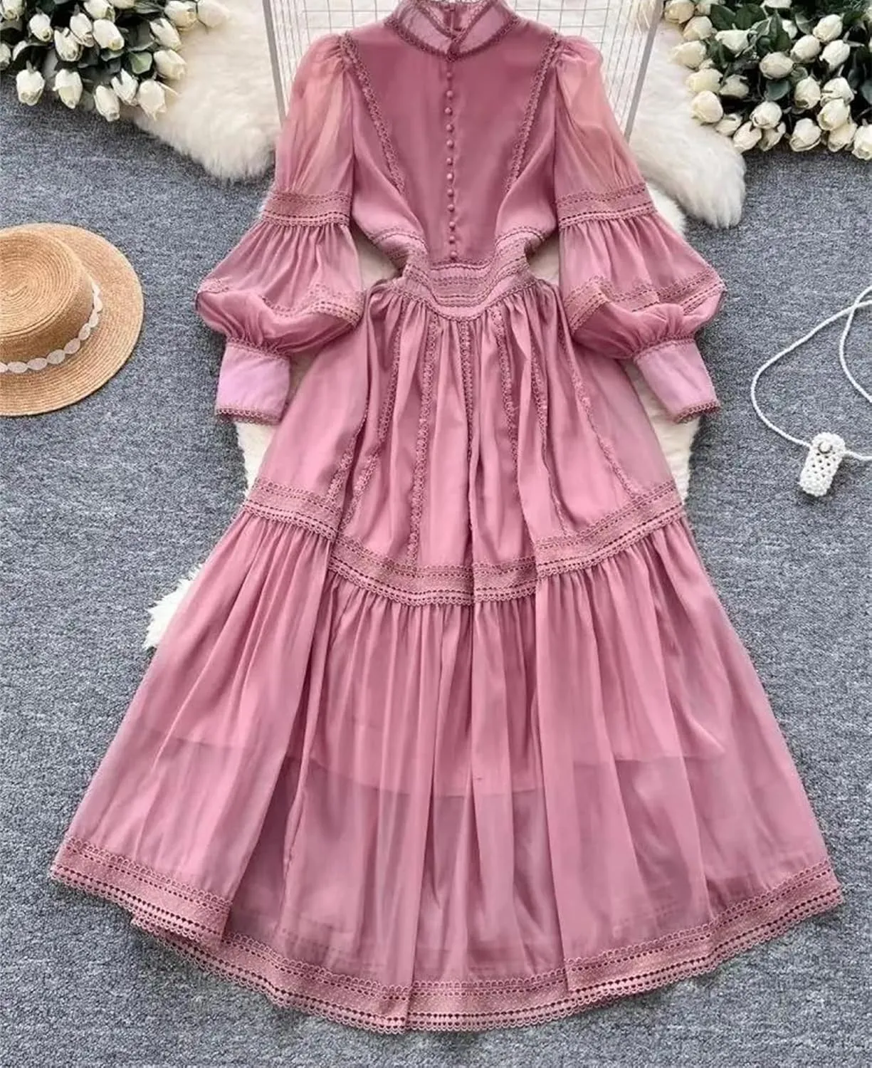 Lace Embroidery Hollow Out Splice Organza Evening Dress Women's Stand Long Puff Sleeve Party Dress
