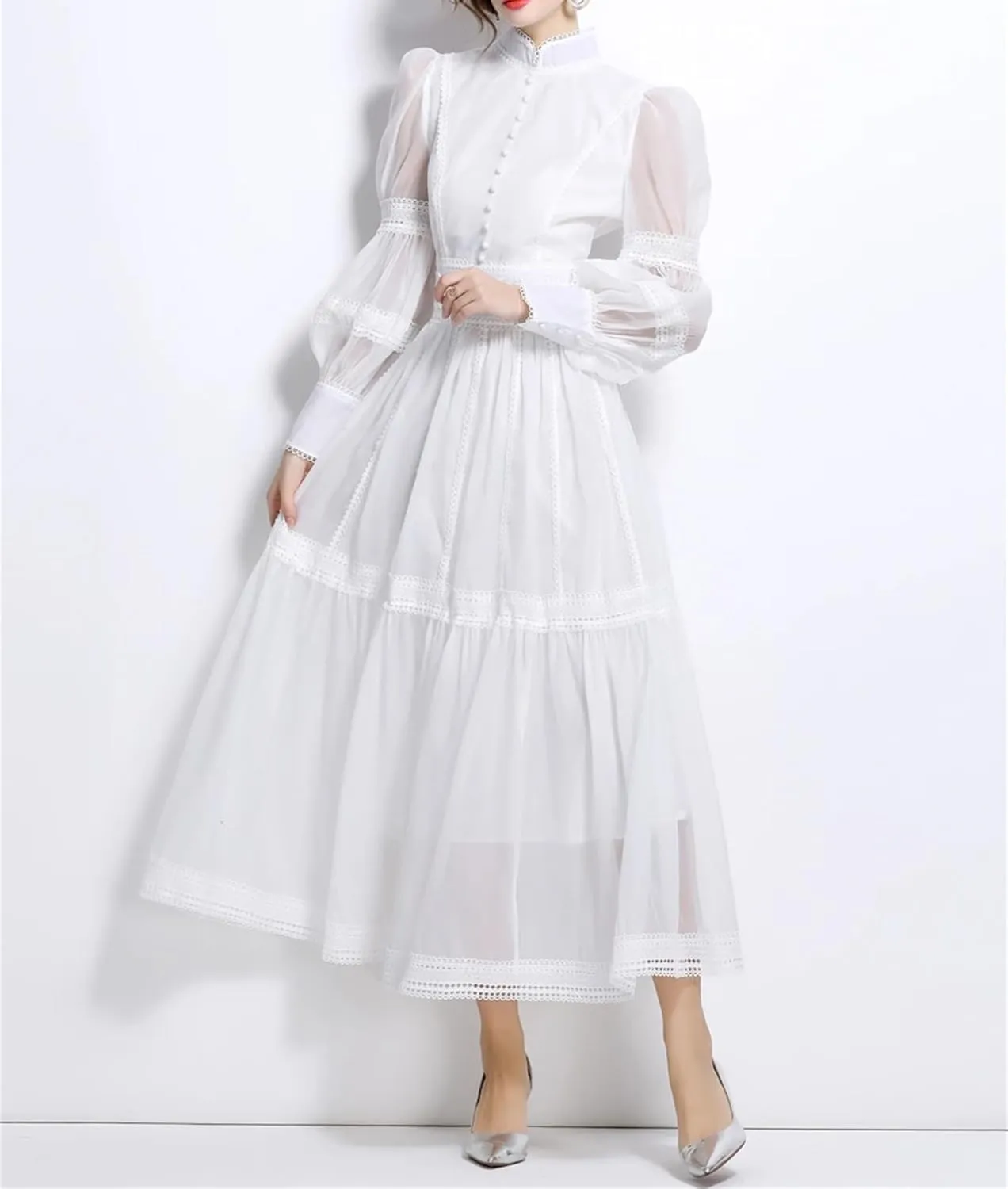 Lace Embroidery Hollow Out Splice Organza Evening Dress Women's Stand Long Puff Sleeve Party Dress