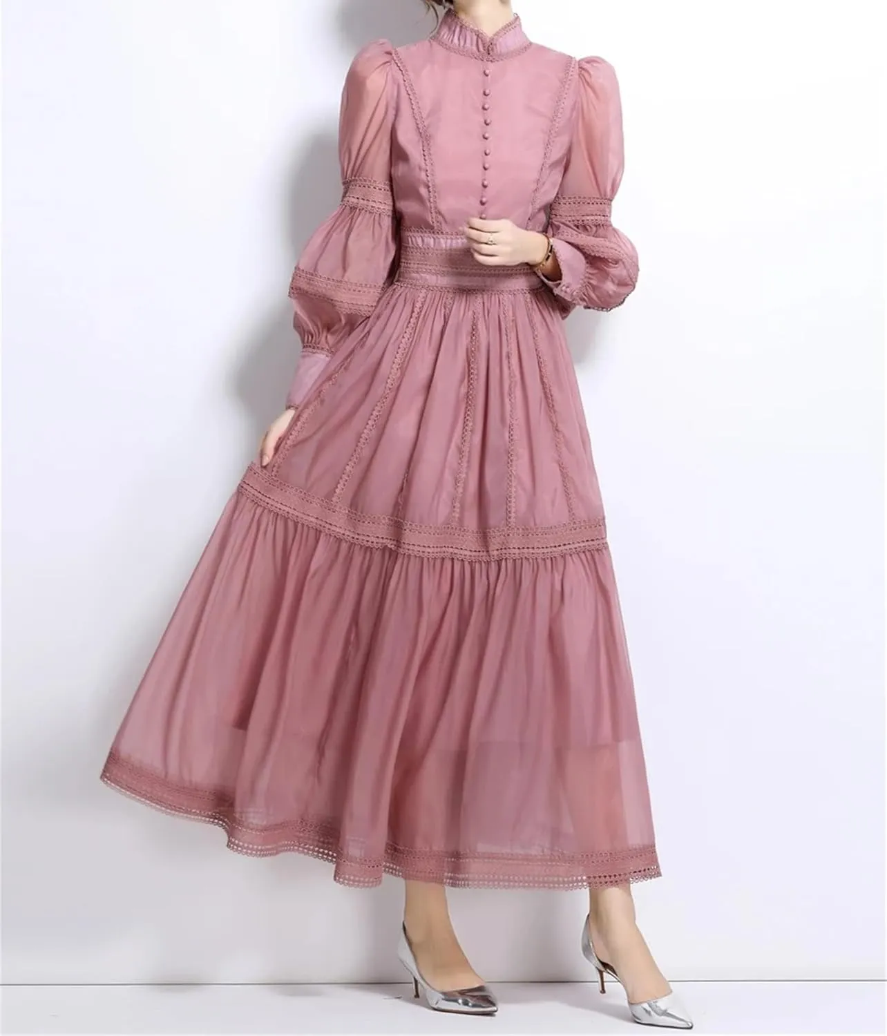 Lace Embroidery Hollow Out Splice Organza Evening Dress Women's Stand Long Puff Sleeve Party Dress