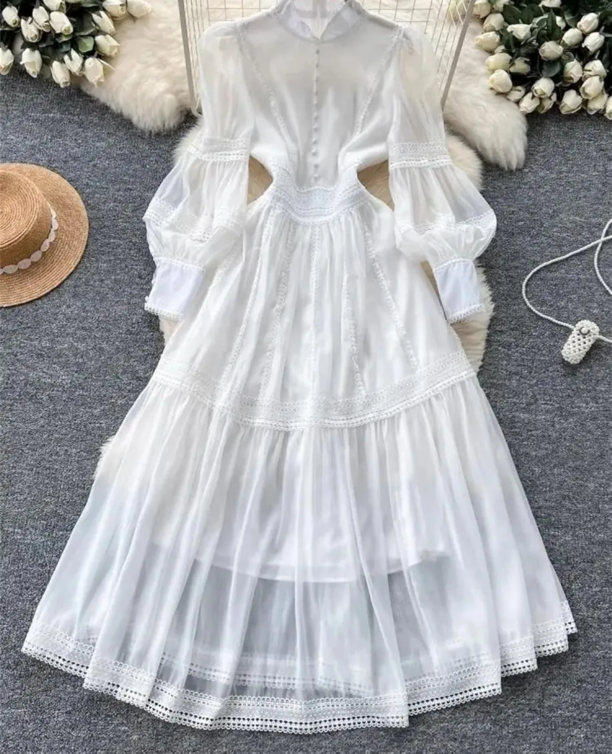 Lace Embroidery Hollow Out Splice Organza Evening Dress Women's Stand Long Puff Sleeve Party Dress