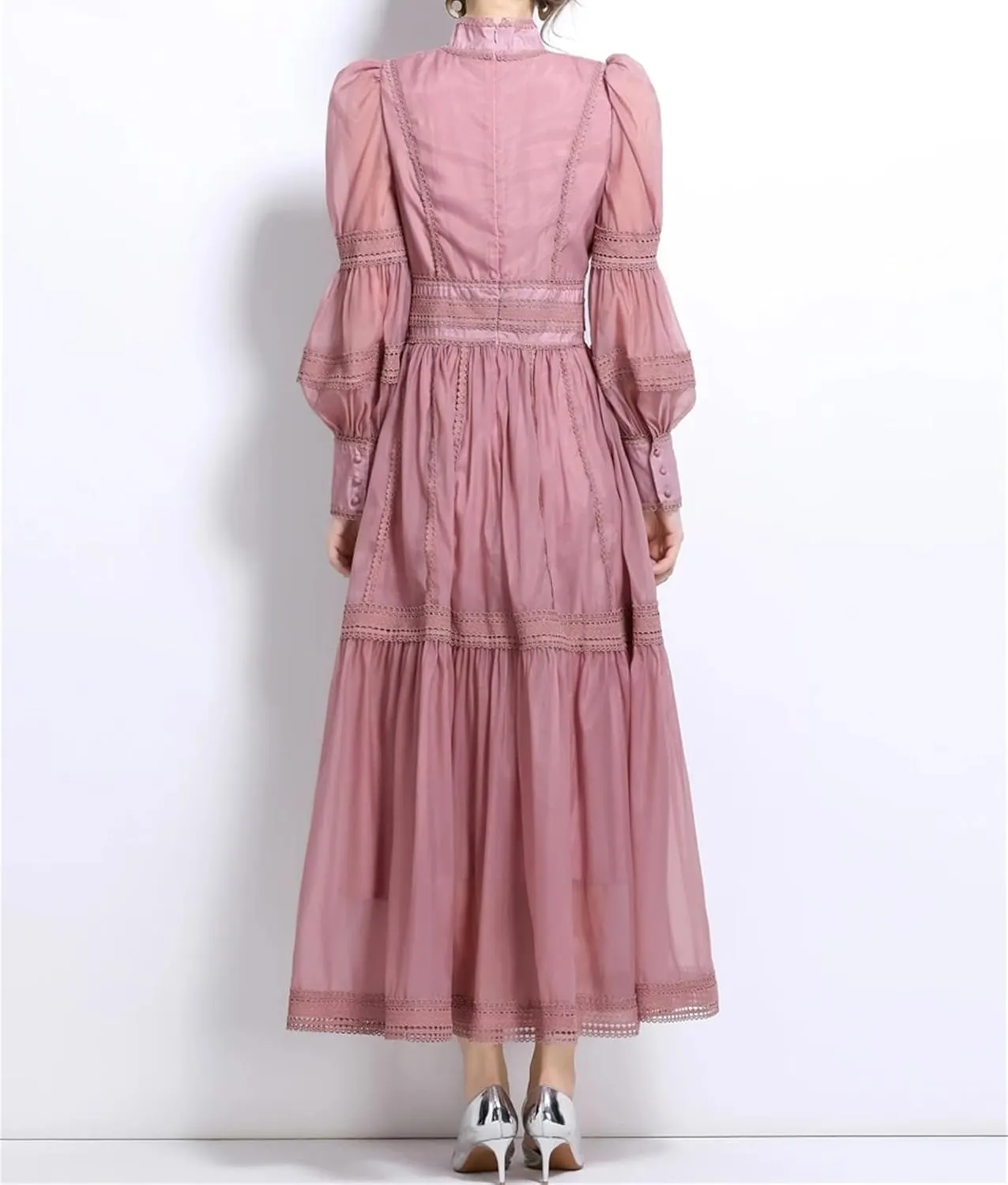 Lace Embroidery Hollow Out Splice Organza Evening Dress Women's Stand Long Puff Sleeve Party Dress