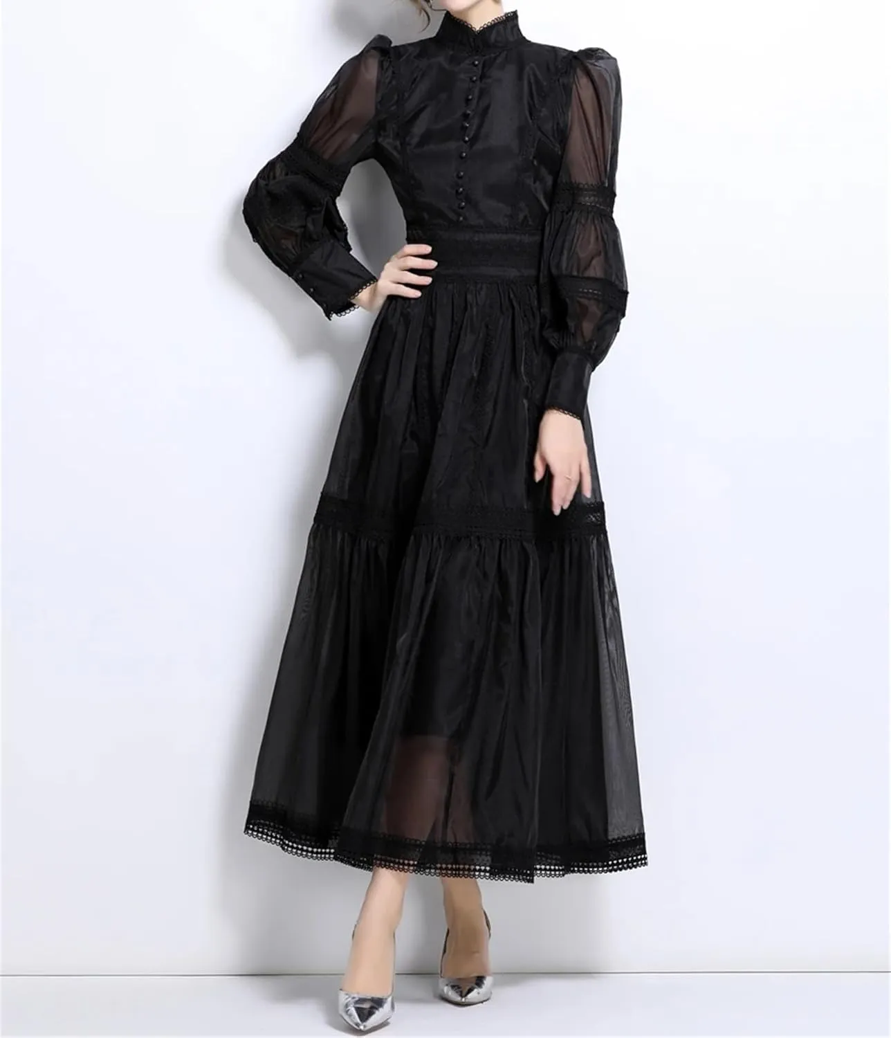 Lace Embroidery Hollow Out Splice Organza Evening Dress Women's Stand Long Puff Sleeve Party Dress